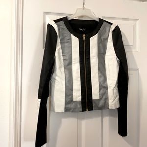 Crop block zip-up pleather/stretch jacket